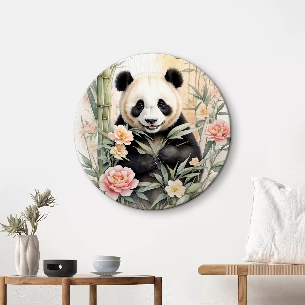 Apvalūs paveikslai Panda su gėlėmis ir bambuku r40125