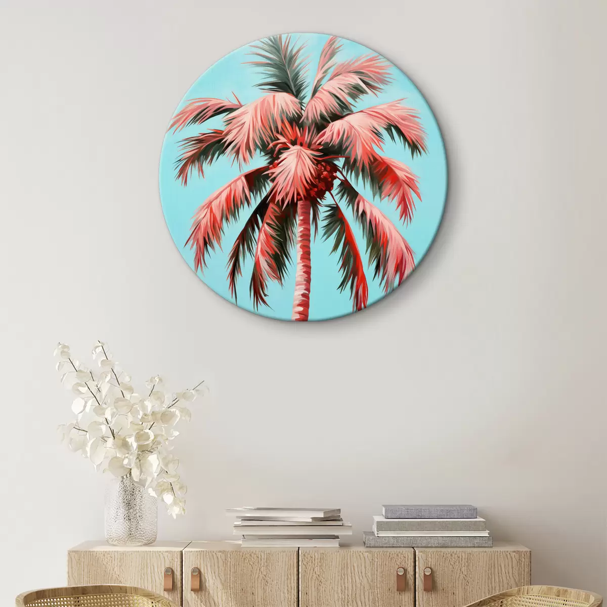 Apvalūs paveikslai Rožinė palmė ant mėlyno aliejaus paveikslo r39830