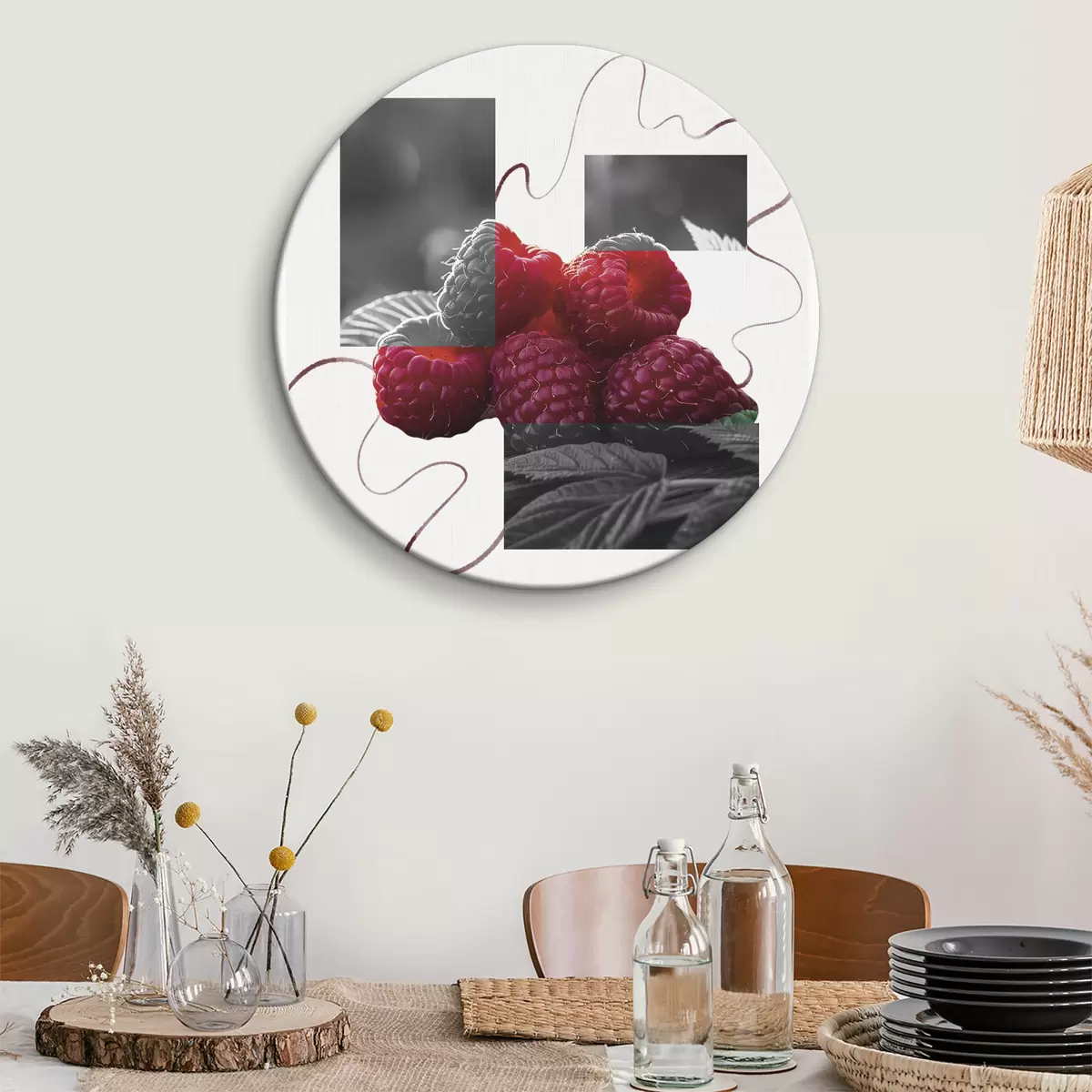 Apvalūs paveikslai Avietės, abstraktus menas, fotorealizmas, vasaros uogos r40045