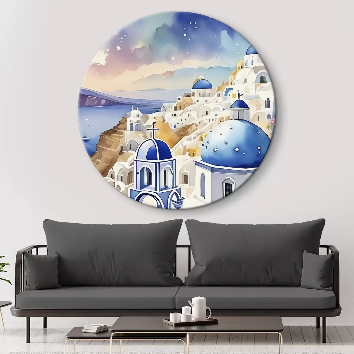 Apvalūs paveikslai Santorini, Graikija architektūra, akvarelė, gėlės, Viduržemio jūros pakrantė r38401
