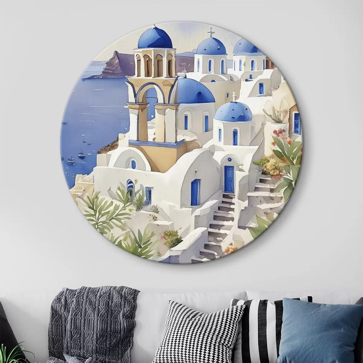 Apvalūs paveikslai Santorini, Graikija architektūra, akvarelė, vasara, Viduržemio jūros pakrantė r38400
