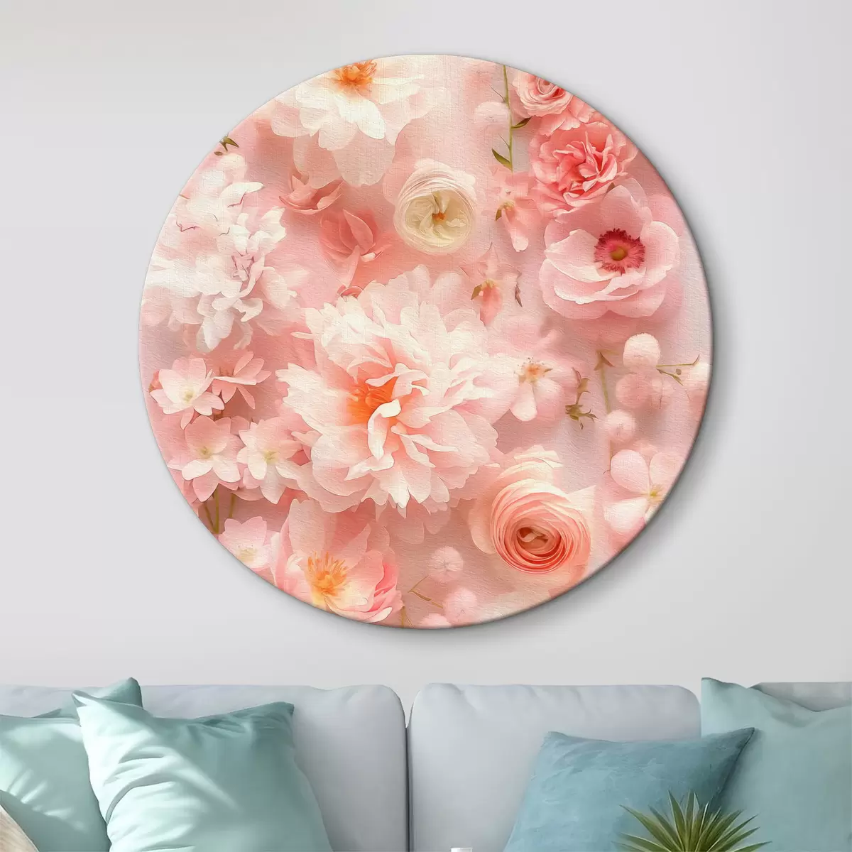 Apvalūs paveikslai Stilingos sodrios gėlės rožiniame fone r39580 Apvalūs paveikslai Stilingos sodrios gėlės rožiniame fone r39580