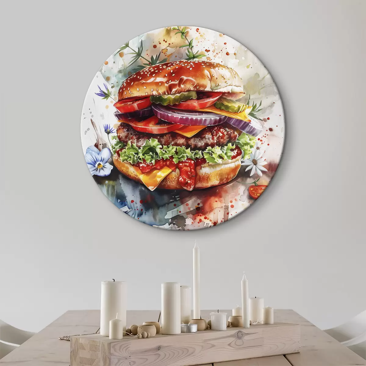 Apvalūs paveikslai Skanus mėsainis su mėsa, gėlėmis, akvarele, maisto menu r39699