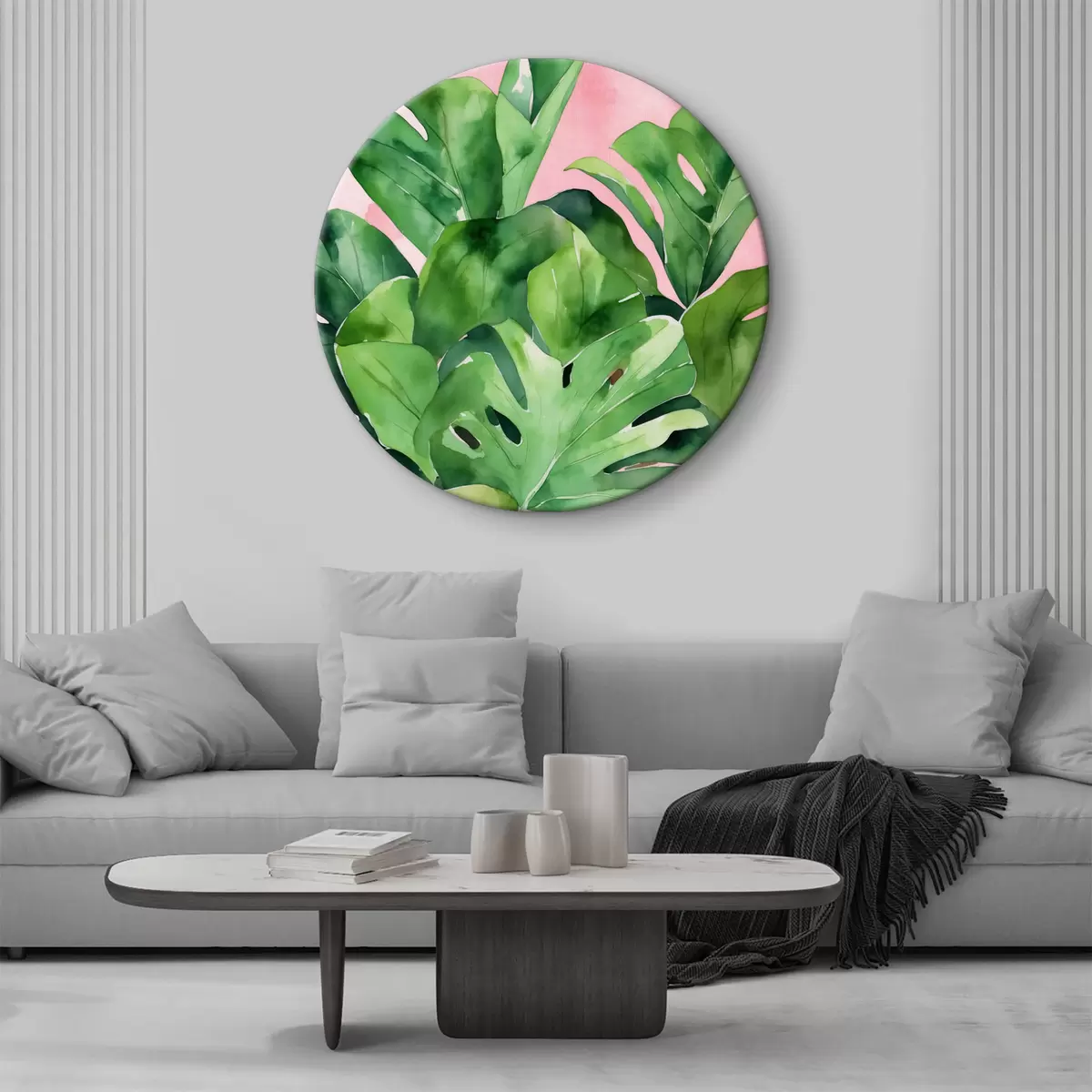 Apvalūs paveikslai Tropiniai lapai rožiniame fone r39870