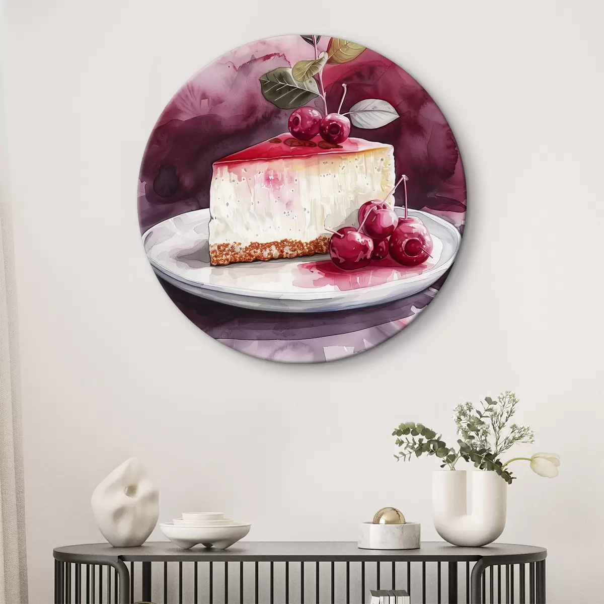 Apvalūs paveikslai Akvarelinis sūrio pyragas su vyšniomis, elegantiškas maisto menas, raudona ir violetinė spalvos r39700