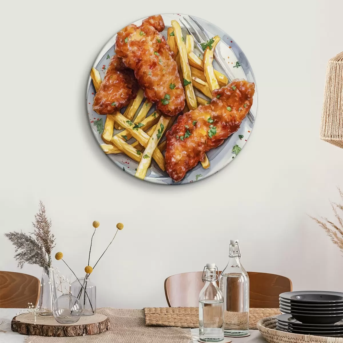 Apvalūs paveikslai Akvarelinis maisto menas, gruzdintos bulvytės su kepta vištiena, skanu r39708