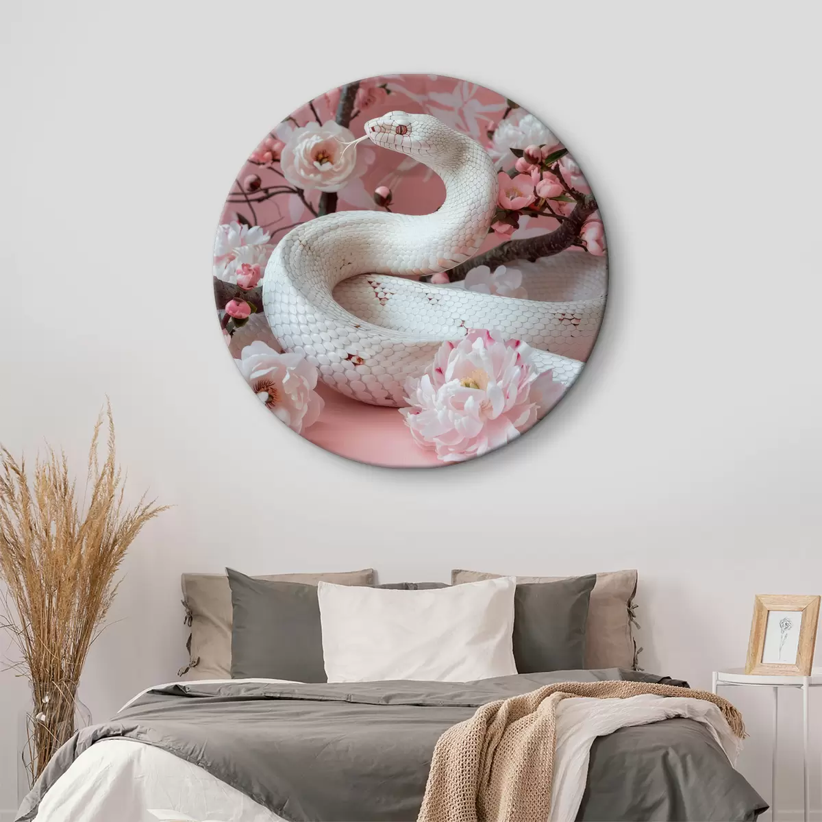 Apvalūs paveikslai Balta gyvatė ir rožinės gėlės r39941