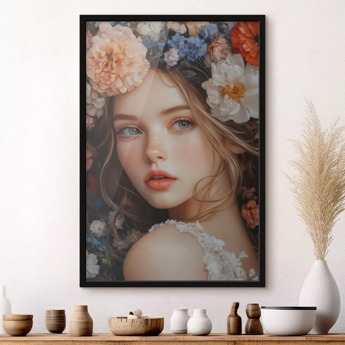 Plakatas mergaitė su gėlėmis plaukuose f42000
