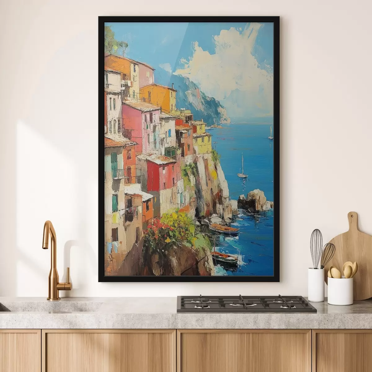 Plakatas Italijos miestas prie jūros aliejinių dažų stiliumi f42002