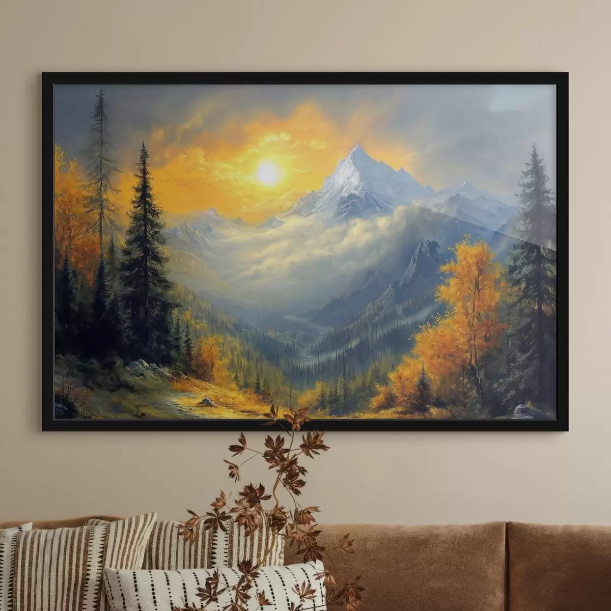 Plakatas saulė virš kalnų rudenį f42006