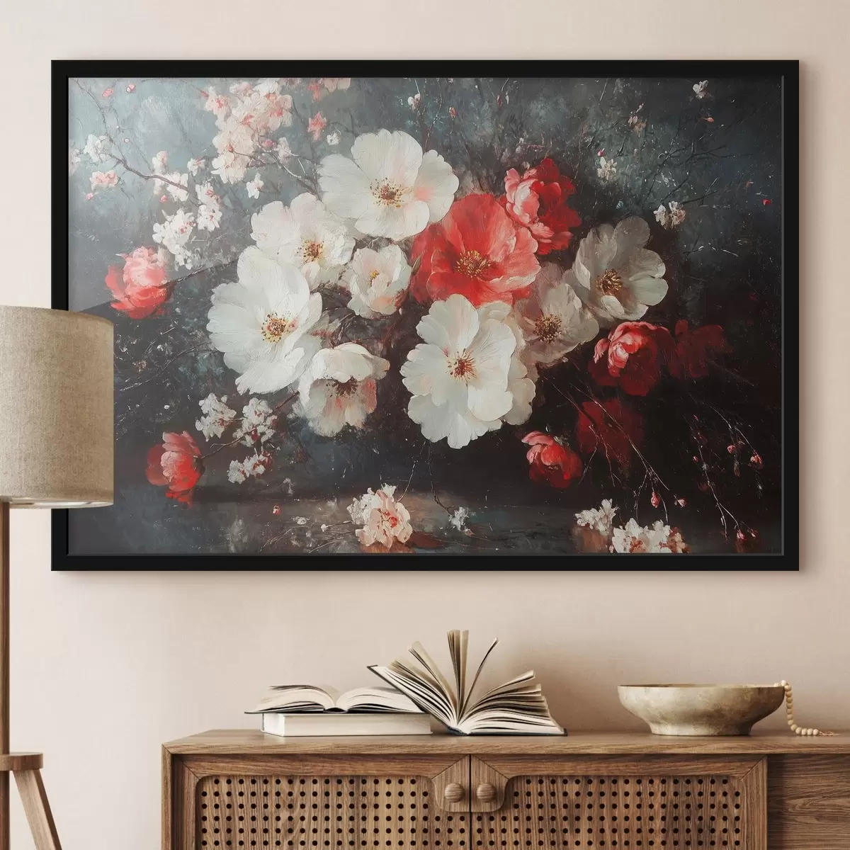 Plakatas baltos ir raudonos gėlės f42007