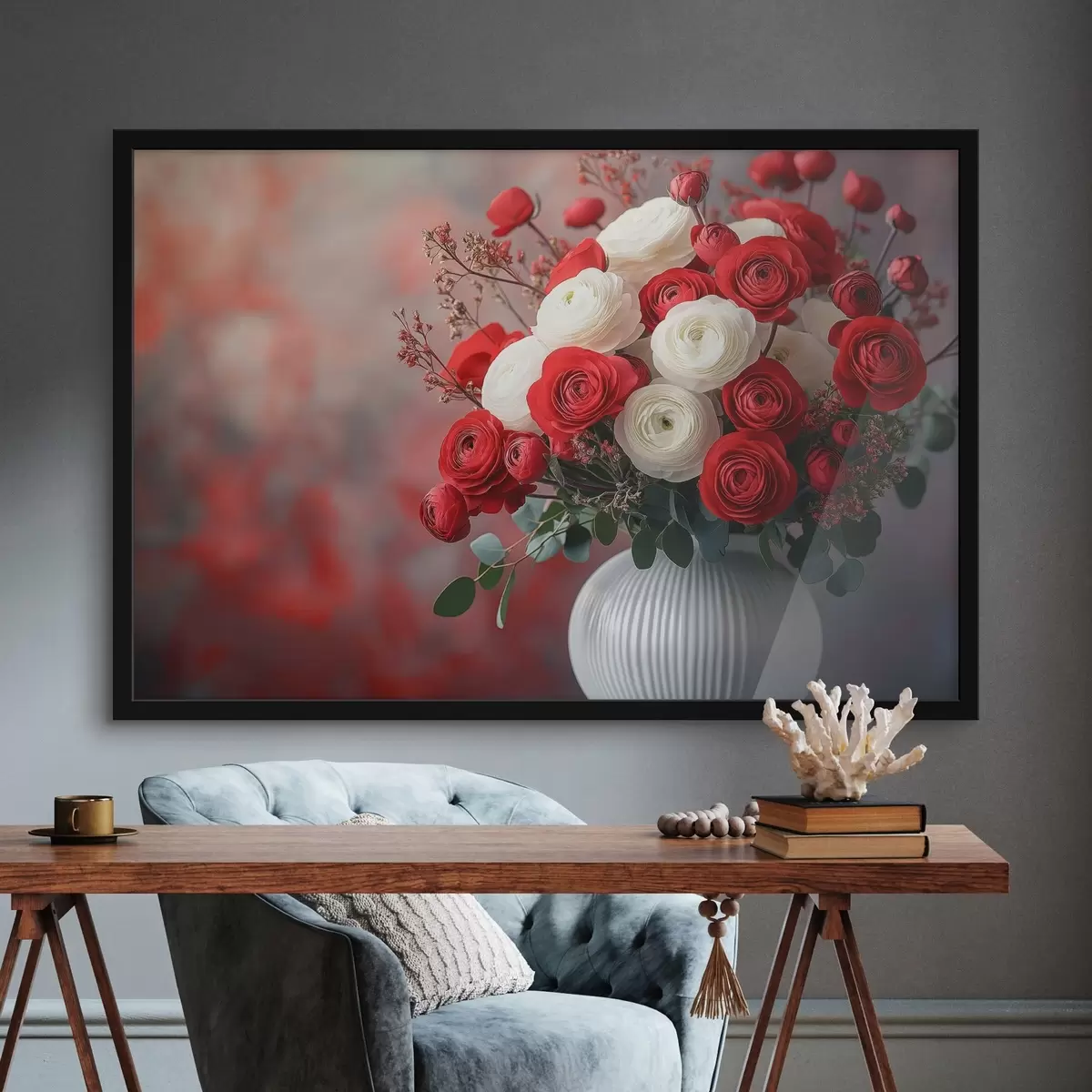 Plakatas balta ir raudona puokštė f42016