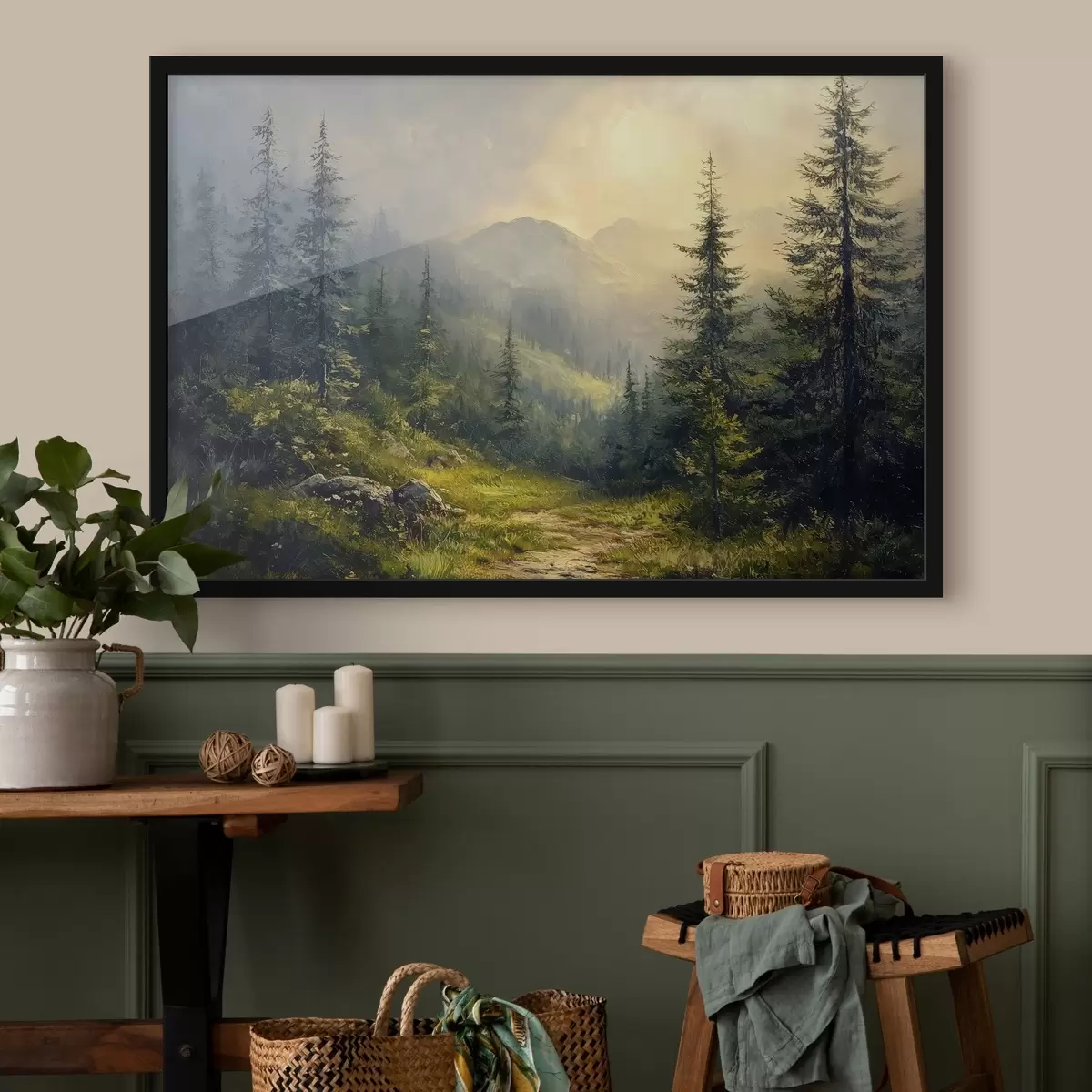 Plakatas kalnai rūke ir medžiai f42019