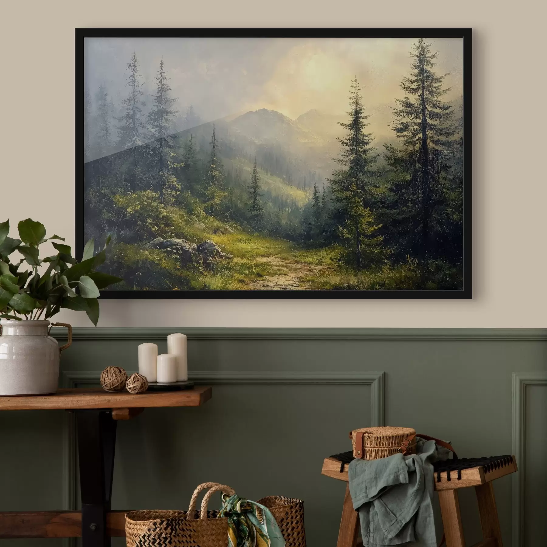 Fototapetai kalnai rūke ir medžiai f42019