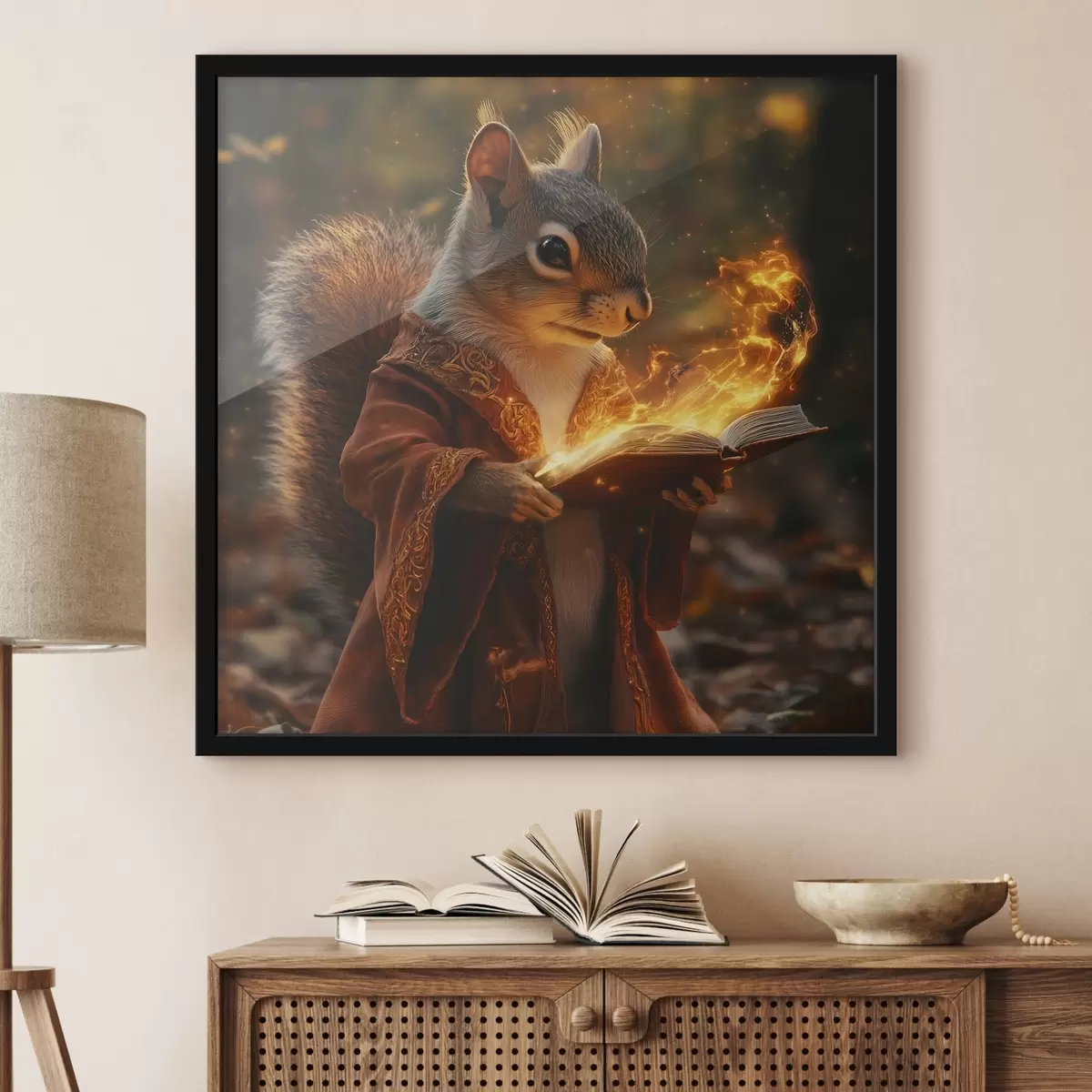 Plakatas Mistinė voverė burtininkė, apsirengusi burtininko drabužiu ir rankose laikanti stebuklingą veikalą f41983