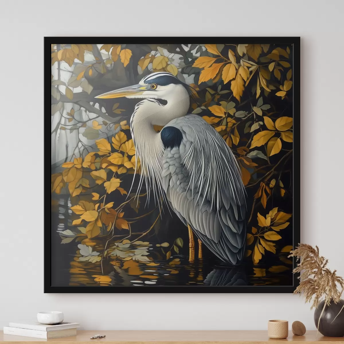 Plakatas Vandenį skalaujantis garnys rudeninių lapų fone f42041