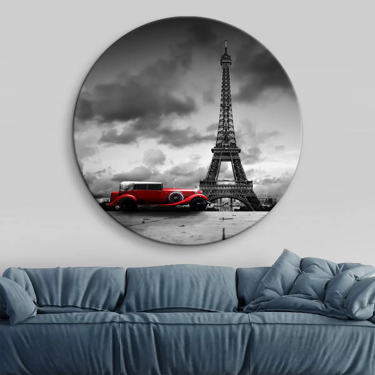 Apvalūs paveikslai Raudonas retro automobilis Paryžiaus fone r37481
