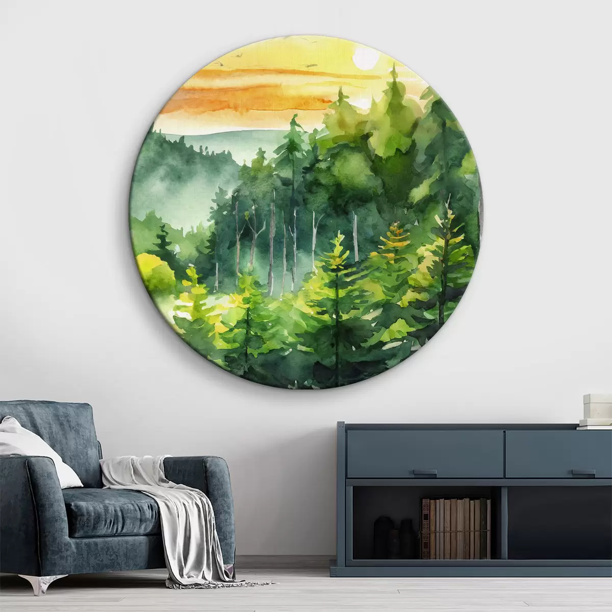 Apvalūs paveikslai Miško kraštovaizdis, saulėlydžio dangus, akvarelė, žaluma, pušys, gamta r37952