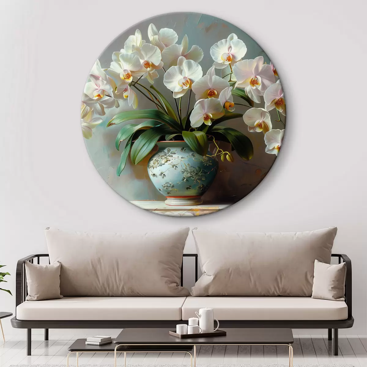 Apvalūs paveikslai Baltų didelių orchidėjų puokštė r38701