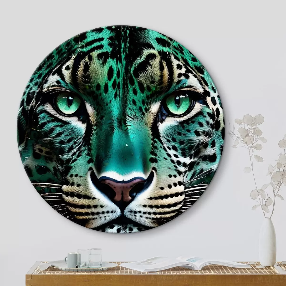 Apvalūs paveikslai Nuožmios žaliaakės leopardo portretas stambiu planu ryškiu turkiu ir juodai dėmėtu kailiu r38979