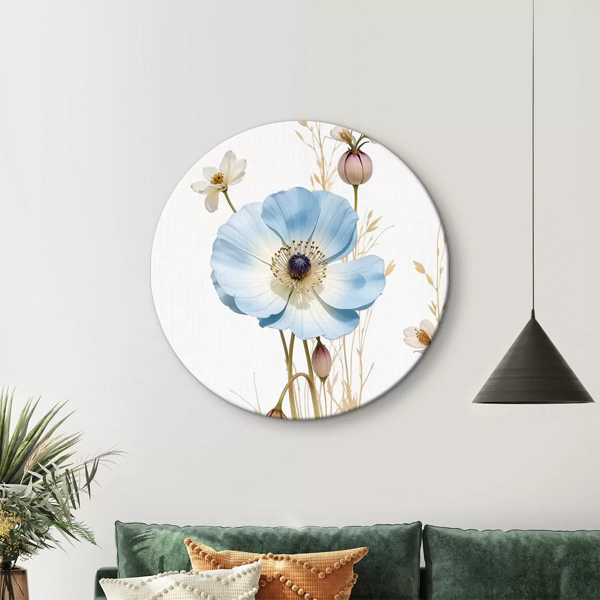 Apvalūs paveikslai Švelnios mėlynos anemonų gėlės geltonais centrais, apsuptos švelnių žolės stiebų r39390