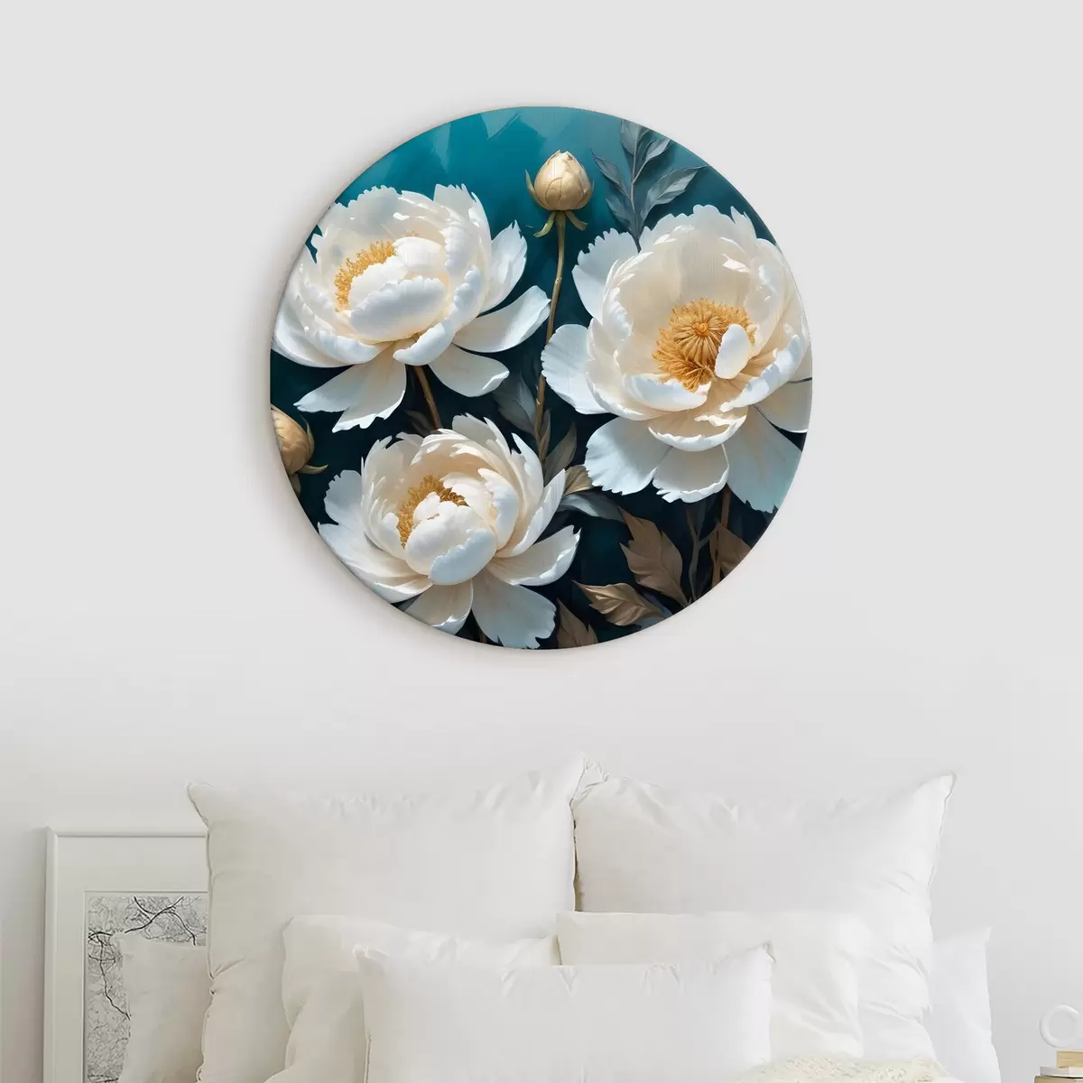 Apvalūs paveikslai Baltos bijūnų gėlės su centrais tamsiai arbatinės spalvos fone r39405 Apvalūs paveikslai Baltos bijūnų gėlės su centrais tamsiai arbatinės spalvos fone r39405