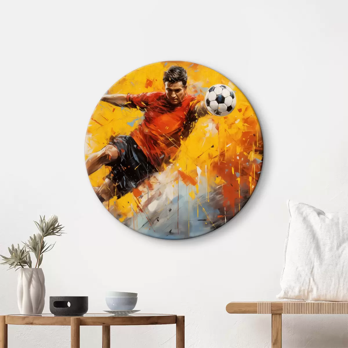 Apvalūs paveikslai Futbolininkas gaudo kamuolį ryškiai dinamiška aliejine tapyba, juoda, geltona, raudona spalva r39817 Apvalūs paveikslai Futbolininkas gaudo kamuolį ryškiai dinamiška aliejine tapyba, juoda, geltona, raudona spalva r39817