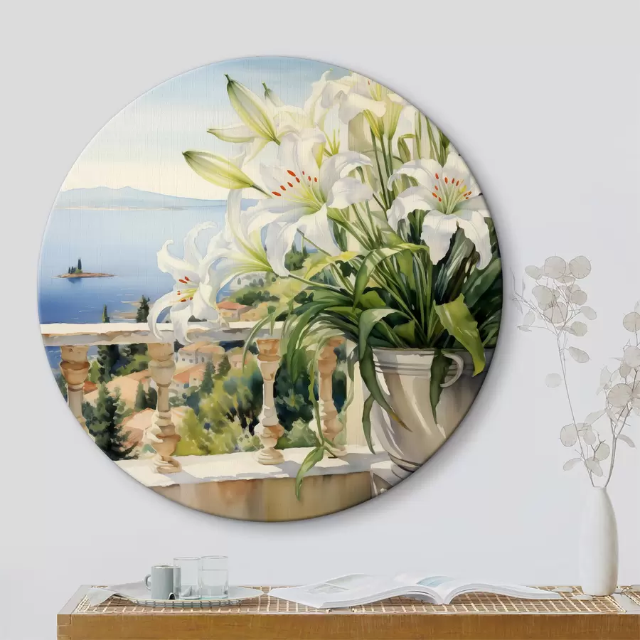 Paveikslėlis Baltos lelijos vazonėlyje balkone įlankos akvarelės fone r39932