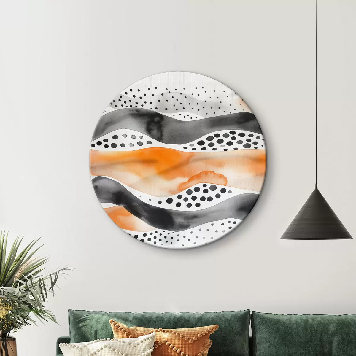 Apvalūs paveikslai Bangos, taškai, juoda, oranžinė r39950