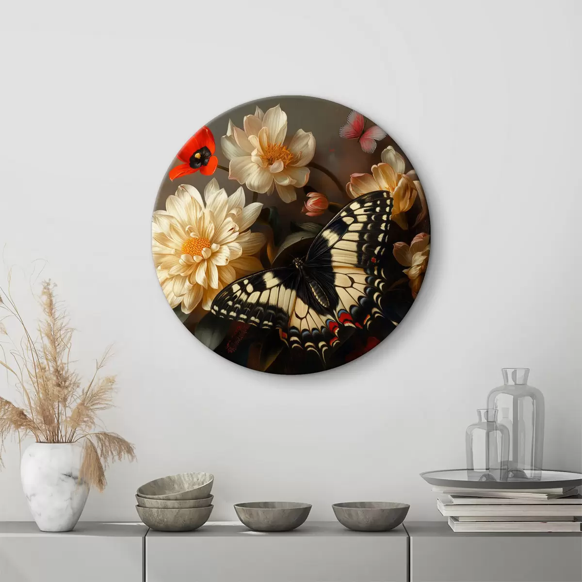 Apvalūs paveikslai Chrizantemos, puokštė, gėlės, tulpė, drugelis r39951