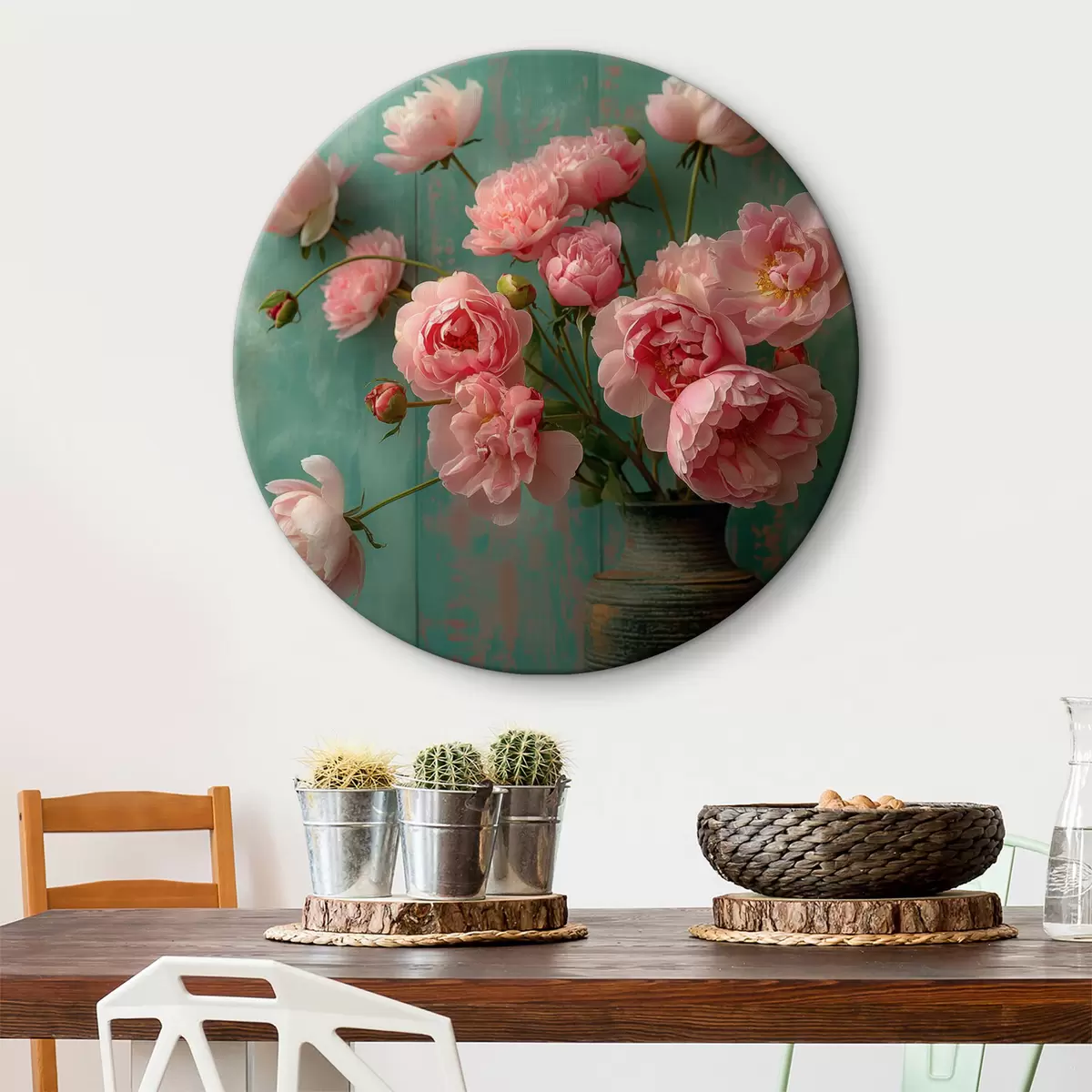 Apvalūs paveikslai Rožinės gėlės, mediena, antikvariniai r39957