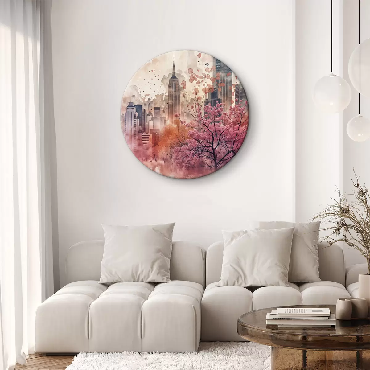 Apvalūs paveikslai Gyvybingas miesto peizažas, apsuptas žydinčių vyšnių žiedų ir primena akvarelę r40026