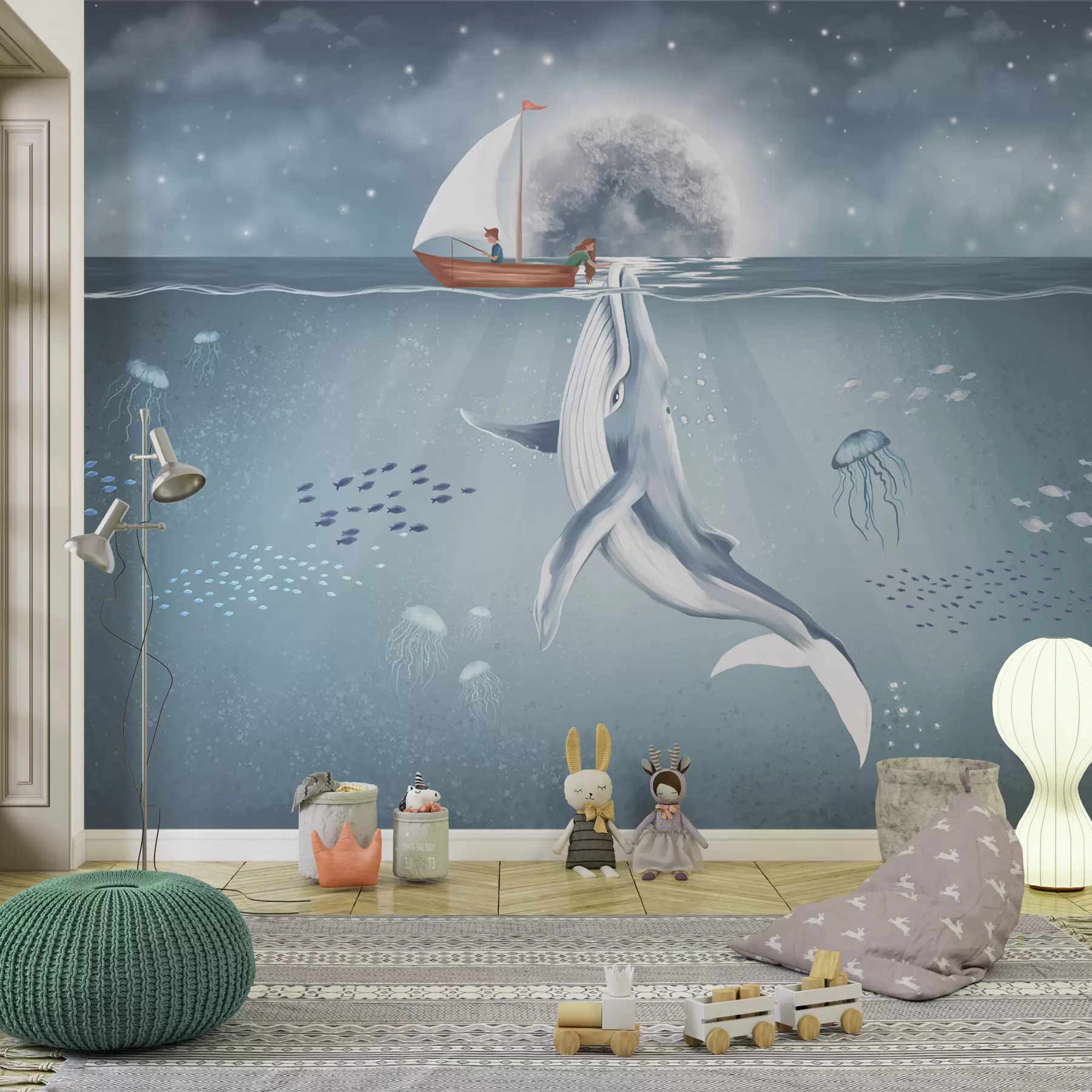 Fototapetai Vaikų dizainas su banginiu, mėnuliu ir valtimi su vaikais w02476