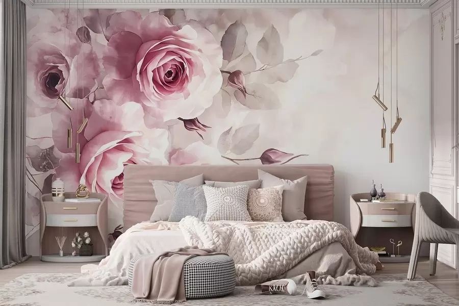 Fototapetai Švelnios pastelinės rožinės rožės ir lapai su minkštu, neryškiu akvarelės imitacijos fonu w08459