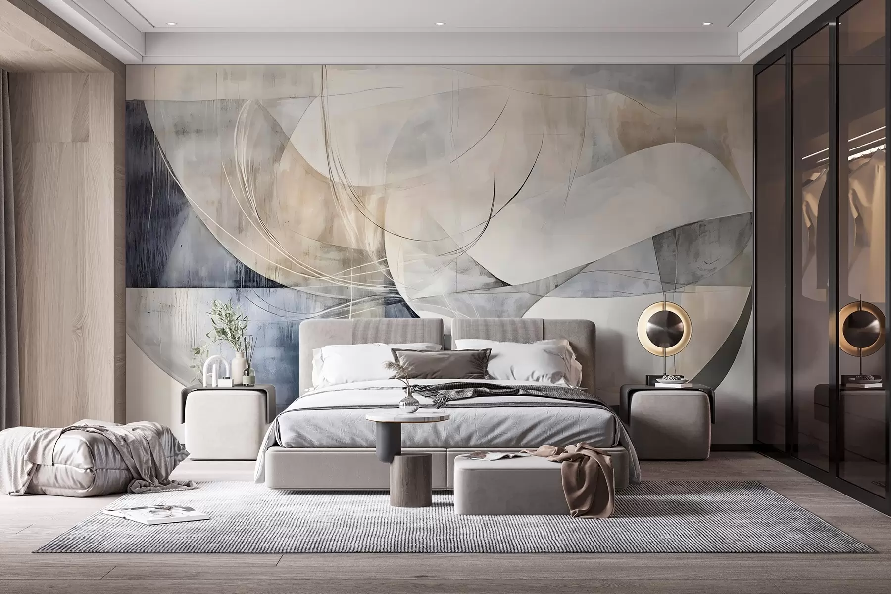 Fototapetai Abstrakčios baltos, pilkos, smėlio ir mėlynos spalvos formos ir figūros neryškios tekstūros fone w08461