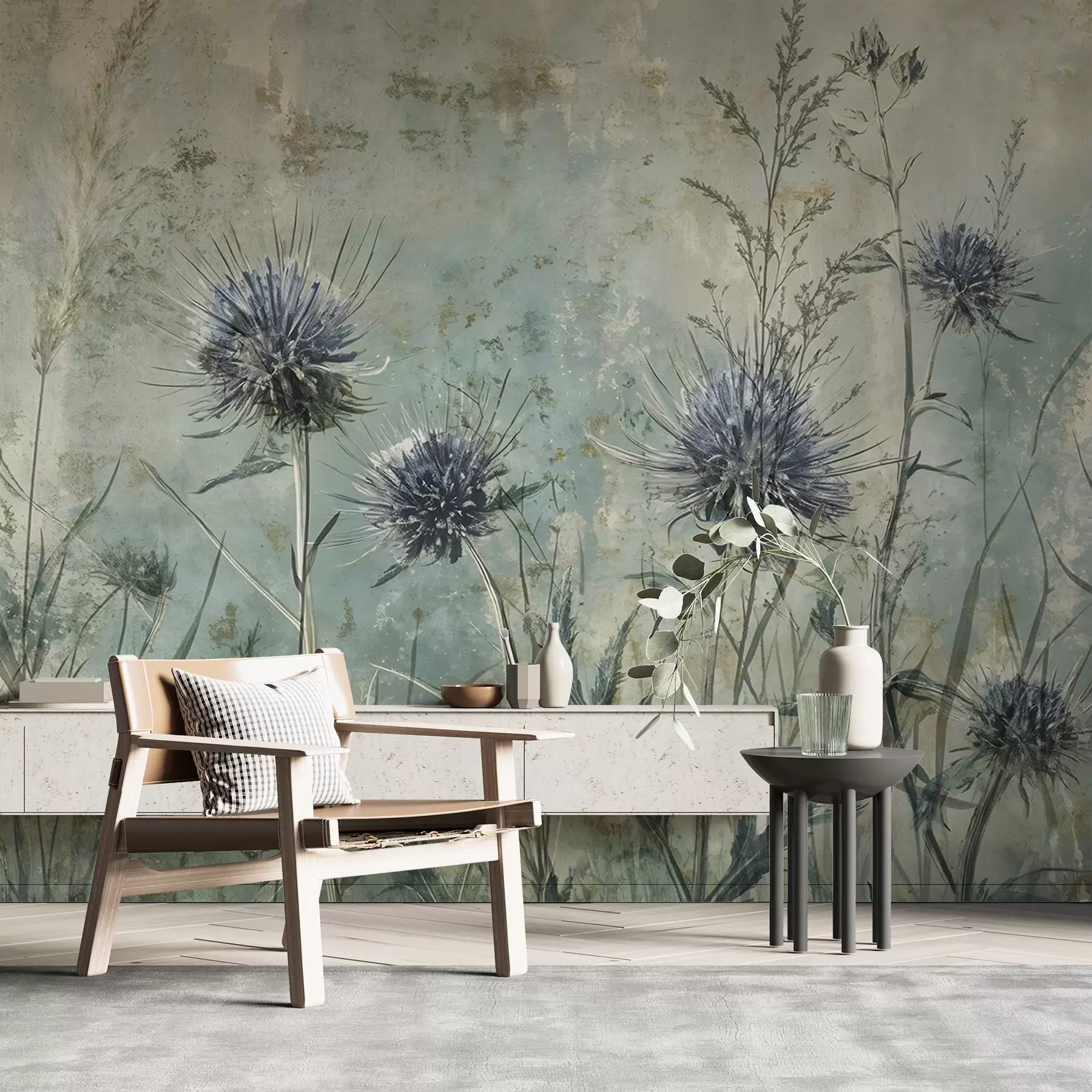 Fototapetai Violetinių erškėtuogių žiedų laukas su neryškiais žiedais ir lapais senoviniame tekstūriniame fone w08463