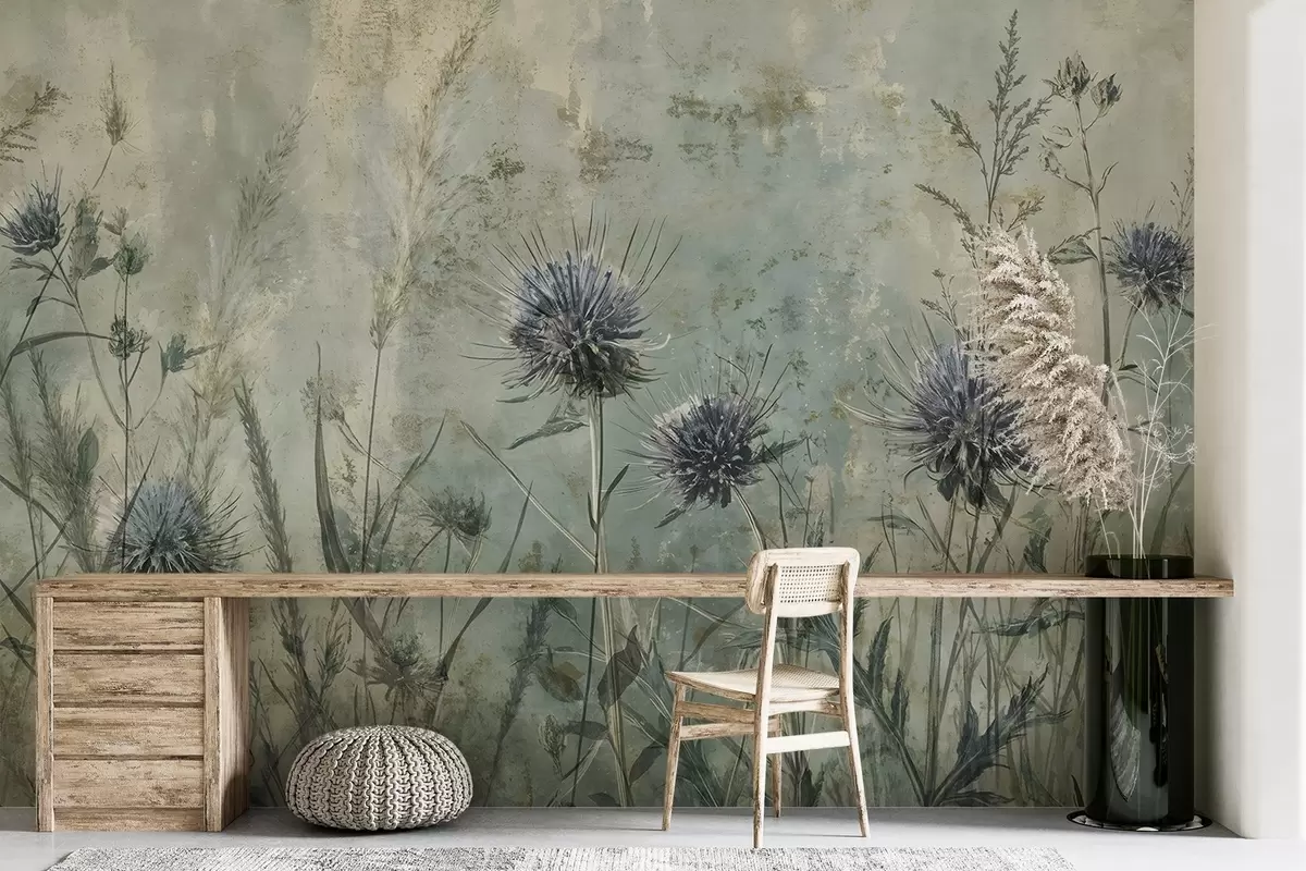 Fototapetai Violetinių erškėtuogių žiedų laukas su neryškiais žiedais ir lapais senoviniame tekstūriniame fone w08463