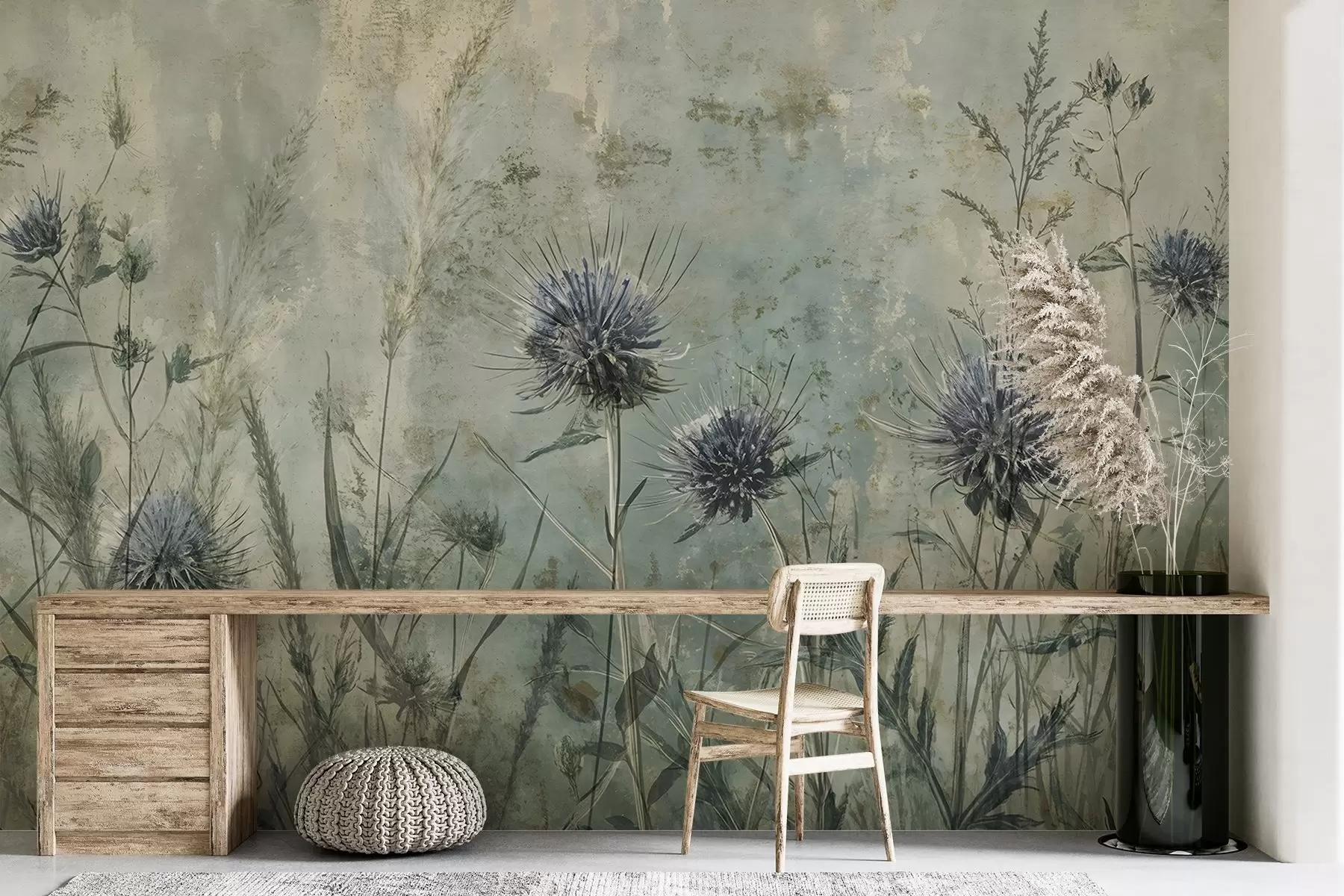 Fototapetai Violetinių erškėtuogių žiedų laukas su neryškiais žiedais ir lapais senoviniame tekstūriniame fone w08463