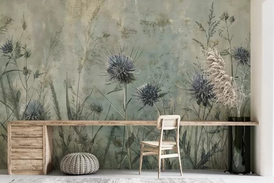 Fototapetai Violetinių erškėtuogių žiedų laukas su neryškiais žiedais ir lapais senoviniame tekstūriniame fone w08463