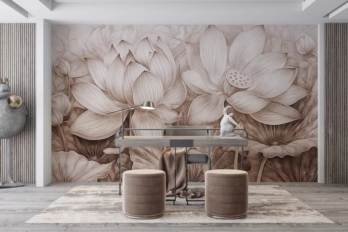 Fototapetai Keletas detalių tekstūruotų didelių smėlio spalvos lotoso gėlių su rudais lapais ir stiebais šviesiame fone w08465v1