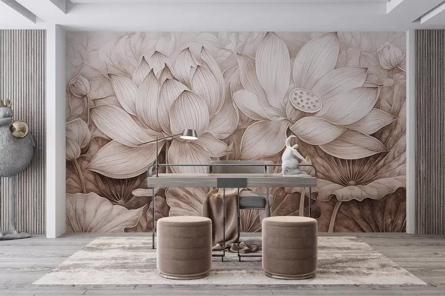 Fototapetai Keletas detalių tekstūruotų didelių smėlio spalvos lotoso gėlių su rudais lapais ir stiebais šviesiame fone w08465v1