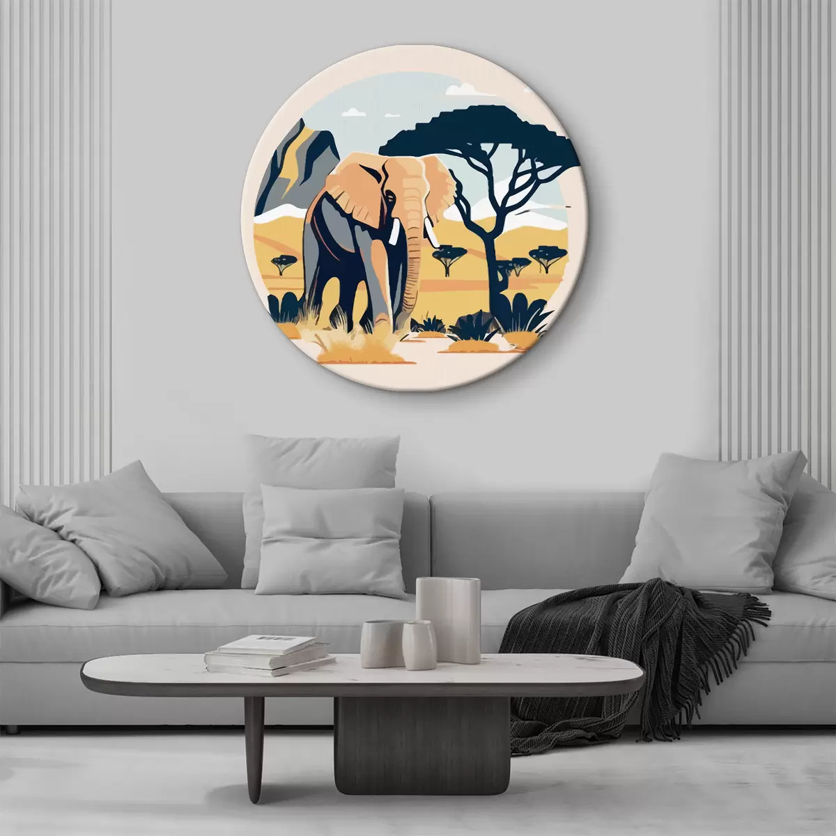 Apvalūs paveikslai dramblys, medžiai, kalnas, safari, pastelė r38448