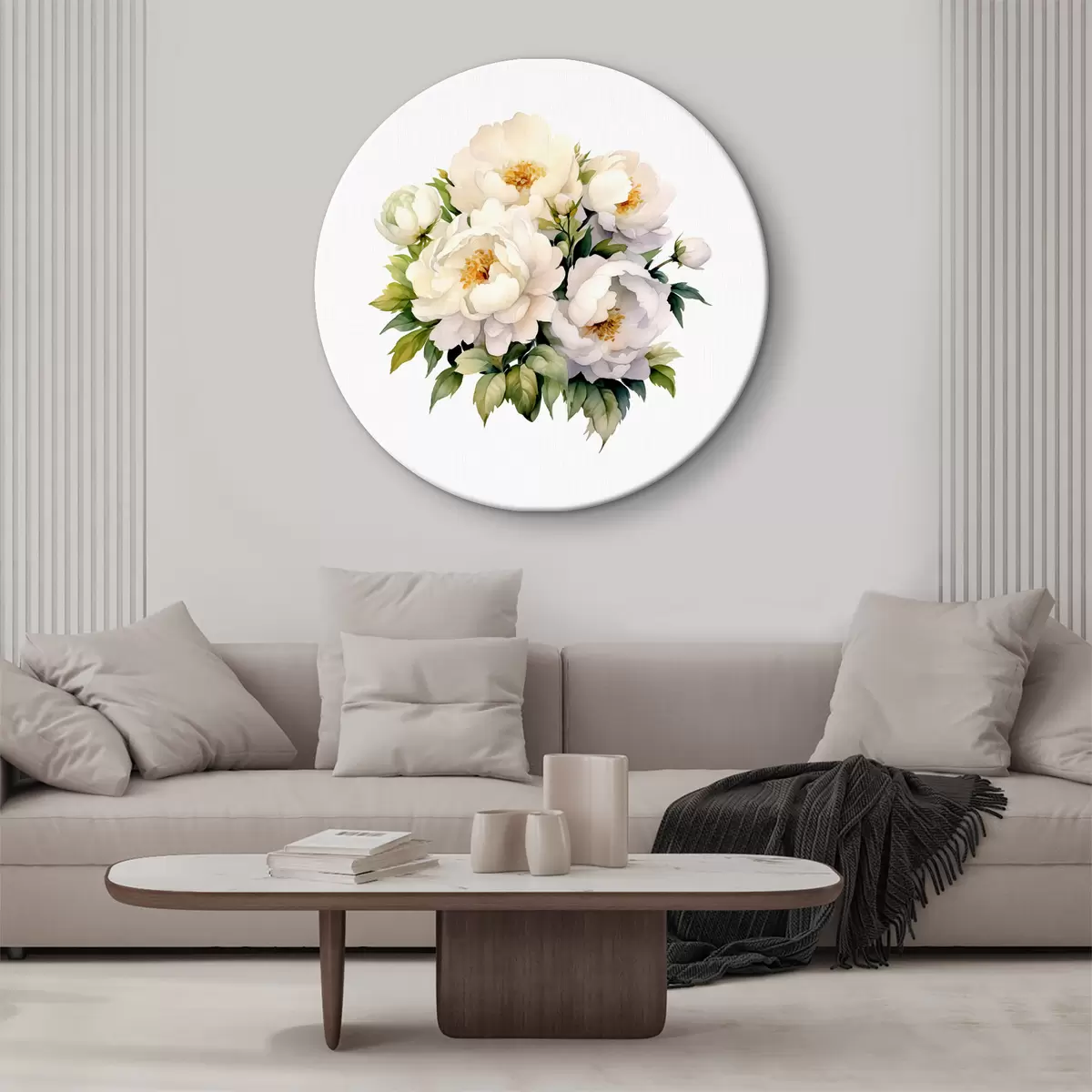 Apvalūs paveikslai Baltai žydintys bijūnų žiedai žalia lapija, akvarelė, botaninė r38481