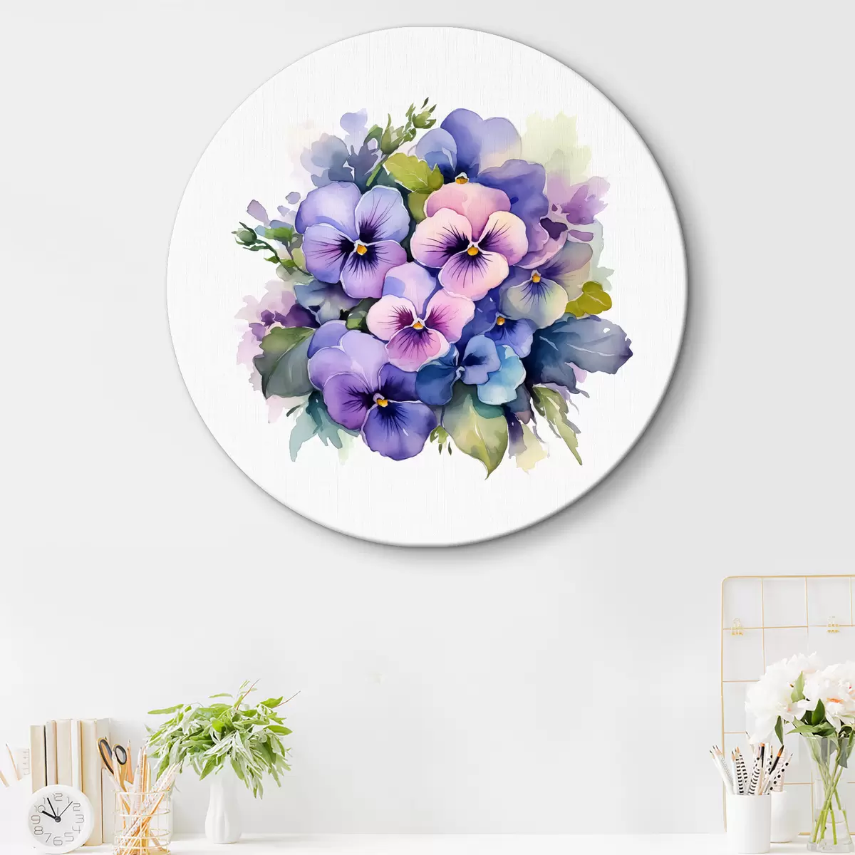 Apvalūs paveikslai Violetinė akvarelės iliustracija, puokštė, gėlės, mėlyna, violetinė, žalia spalva r38486