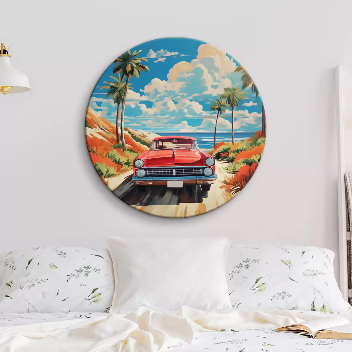 Apvalūs paveikslai Raudonas retro automobilis paplūdimyje r38806