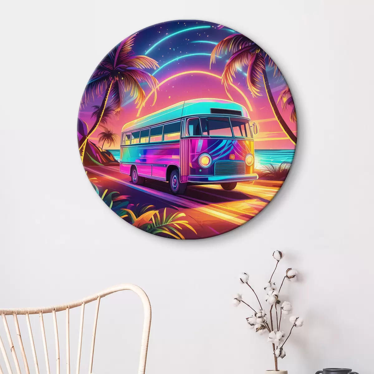 Apvalūs paveikslai Raudonas retro automobilis paplūdimyje r38811