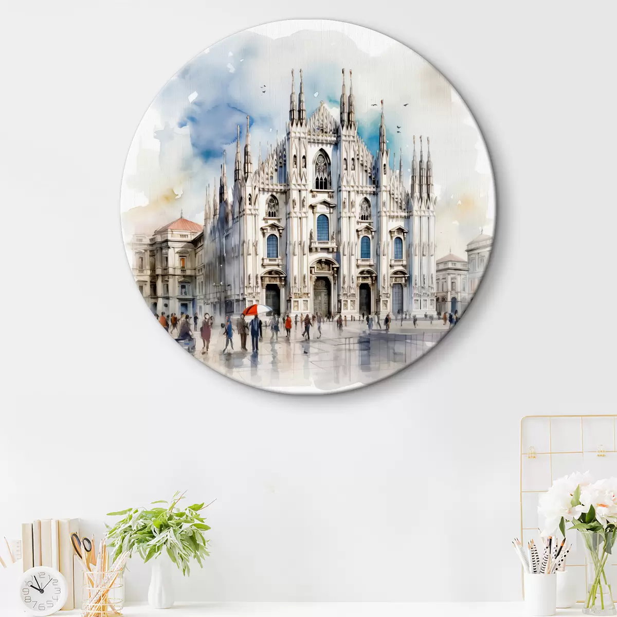 Apvalūs paveikslai Duomo katedra Milane, architektūra, miestas, lietus, akvarelė, mėlyna, pilka, vaikštantys žmonės r38938