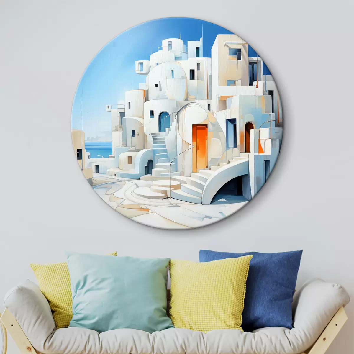 Apvalūs paveikslai Abstraktus baltas miestas prie jūros, architektūra, pastatas, mėlyna spalva r39188
