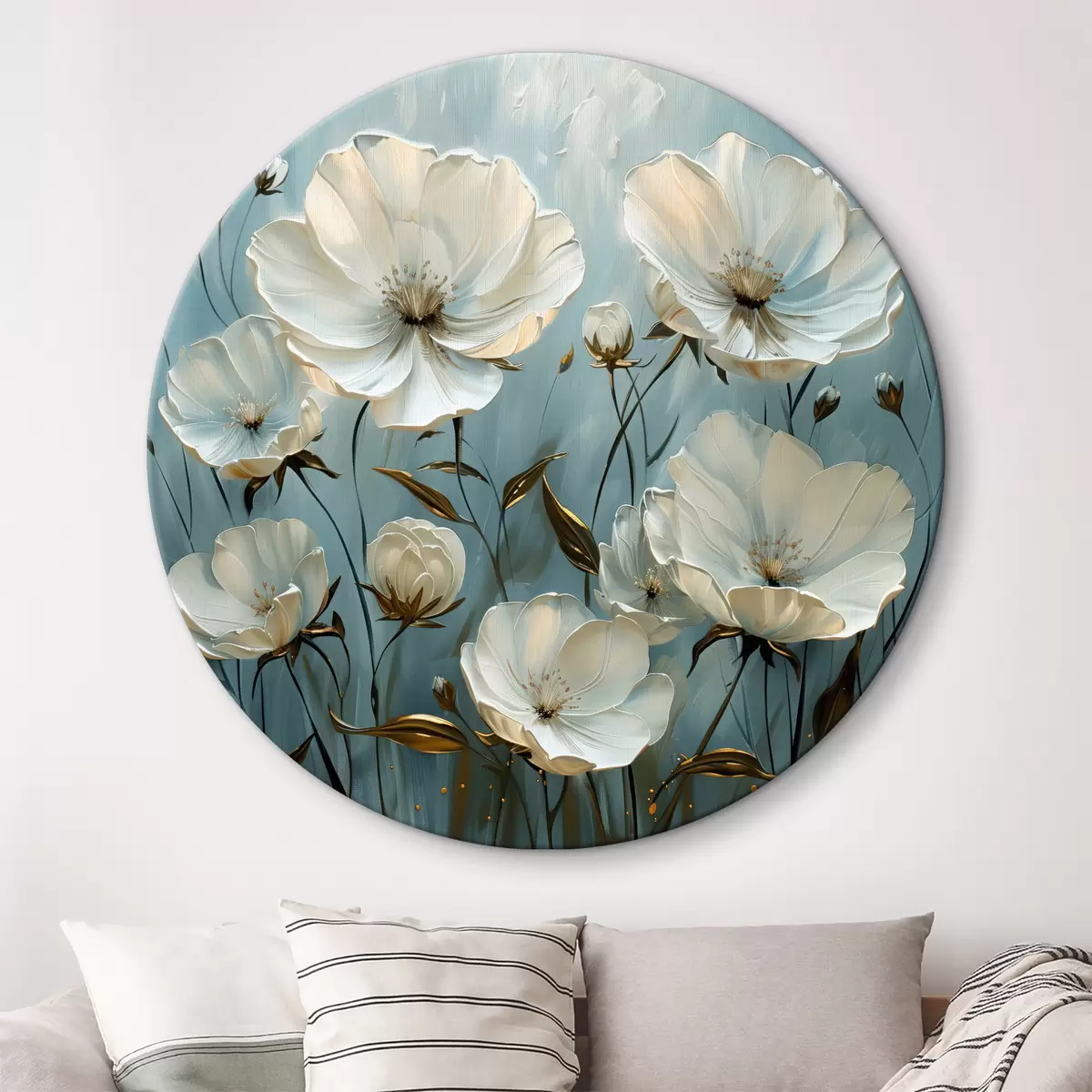 Apvalūs paveikslai Baltos gėlės mėlyname fone r39246 Apvalūs paveikslai Baltos gėlės mėlyname fone r39246