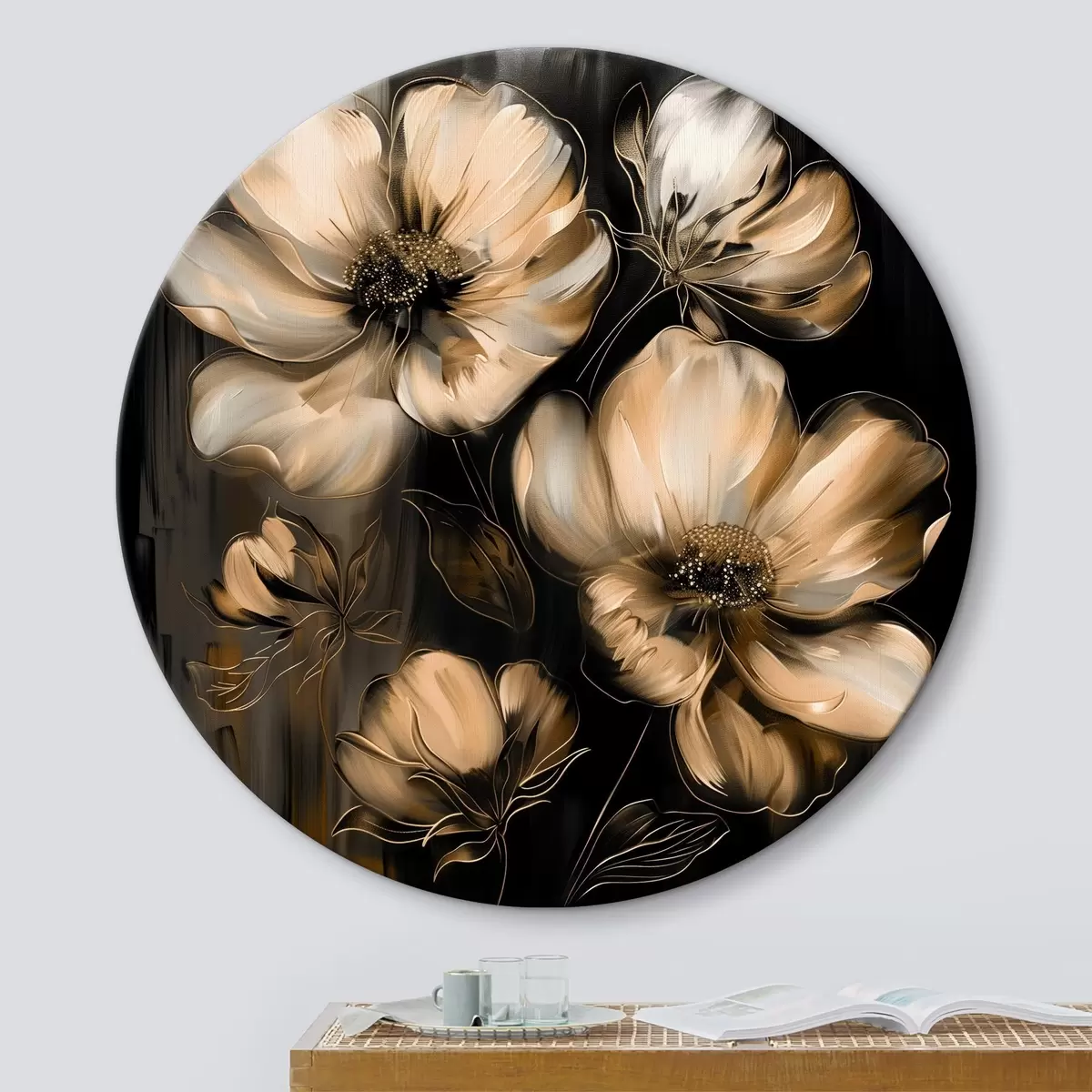 Apvalūs paveikslai Gėlės juodame fone r39446